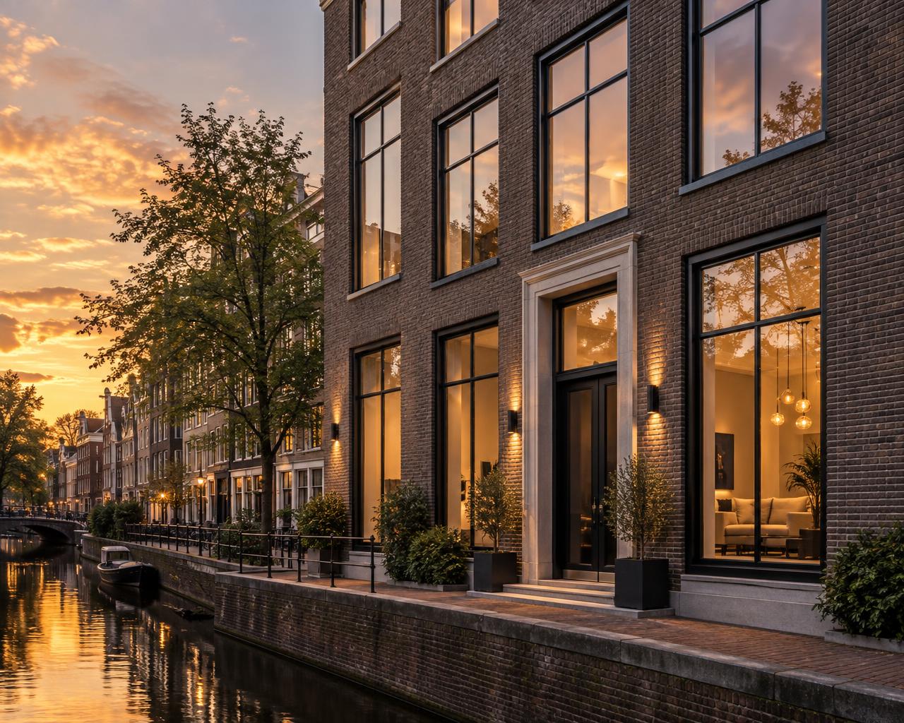 Amsterdamse gevel met nieuwe donkere kozijnen en ramen